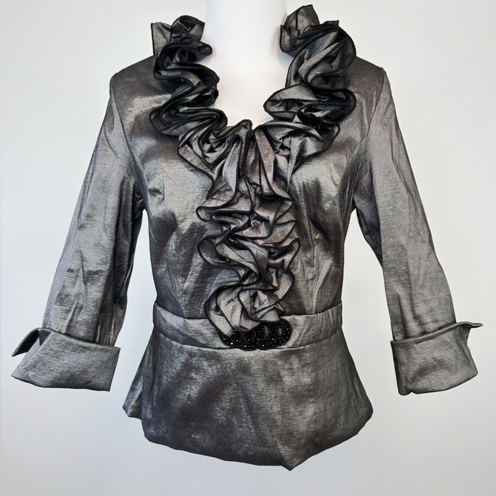 Elegant Gunmetal Metallic Ruffle Collar Blouse - Evening/Cocktail Peplum Top